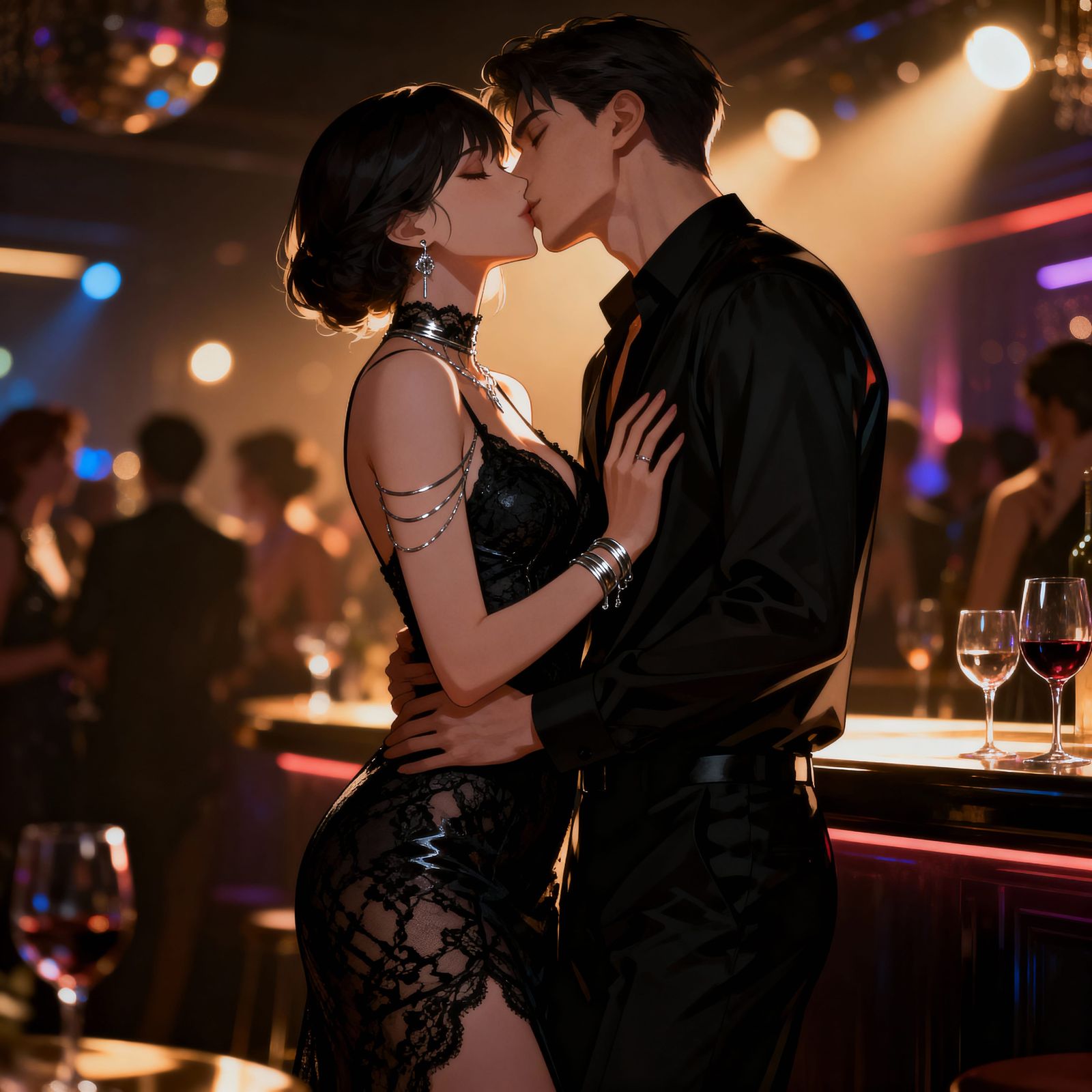 Stylish Couple Kissing in Moody Nightclub