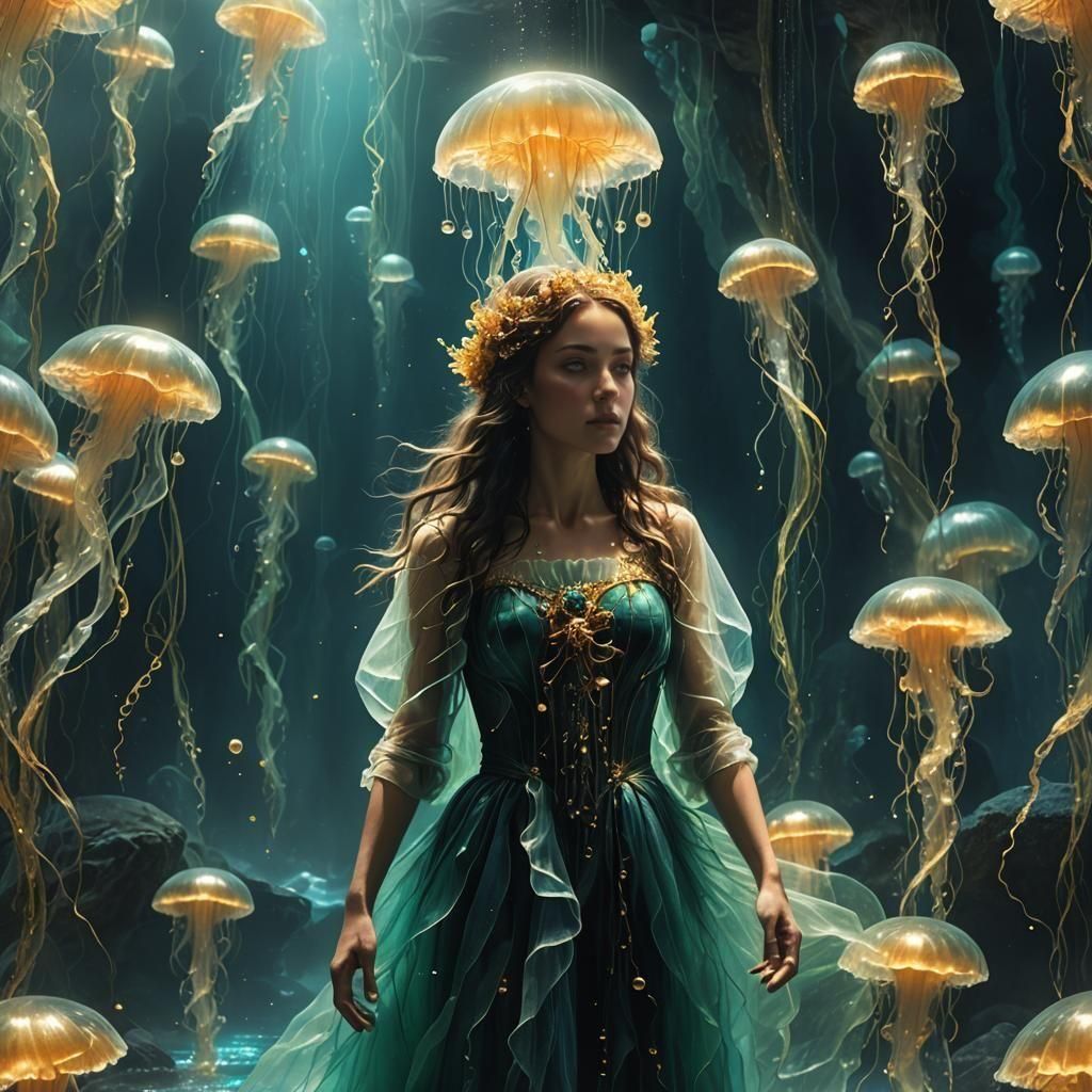 Submerged Veiled Woman in a Magic Cavern