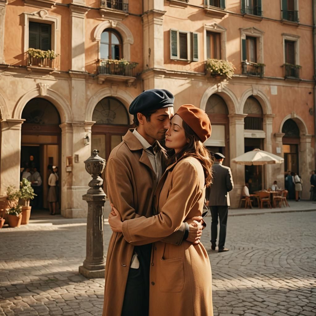 Romantic Embrace in Italian Neorealism Style