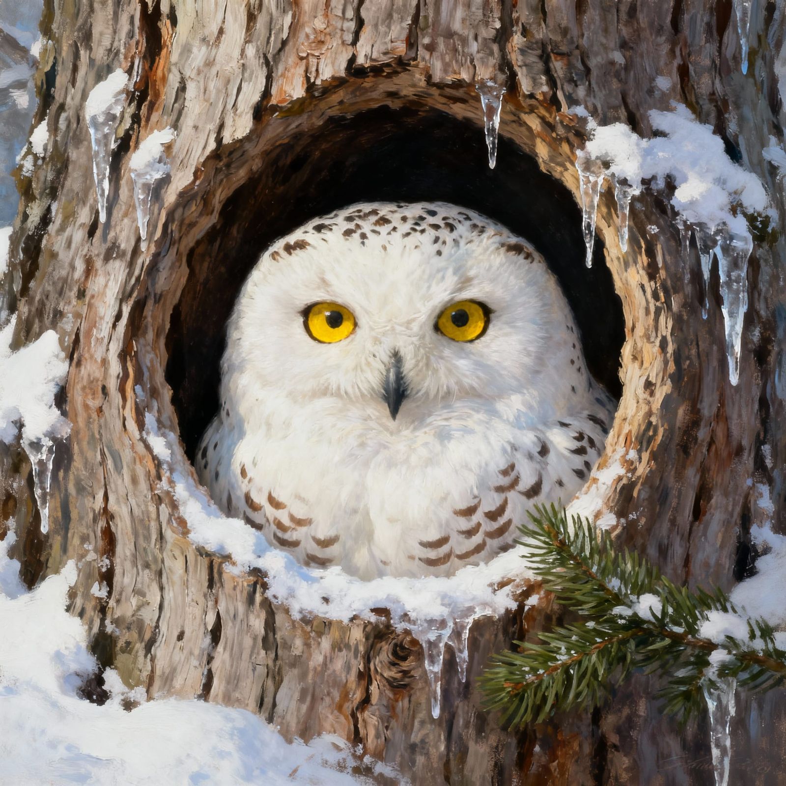 Snowy Owl in Tree Hollow Realistic Painting