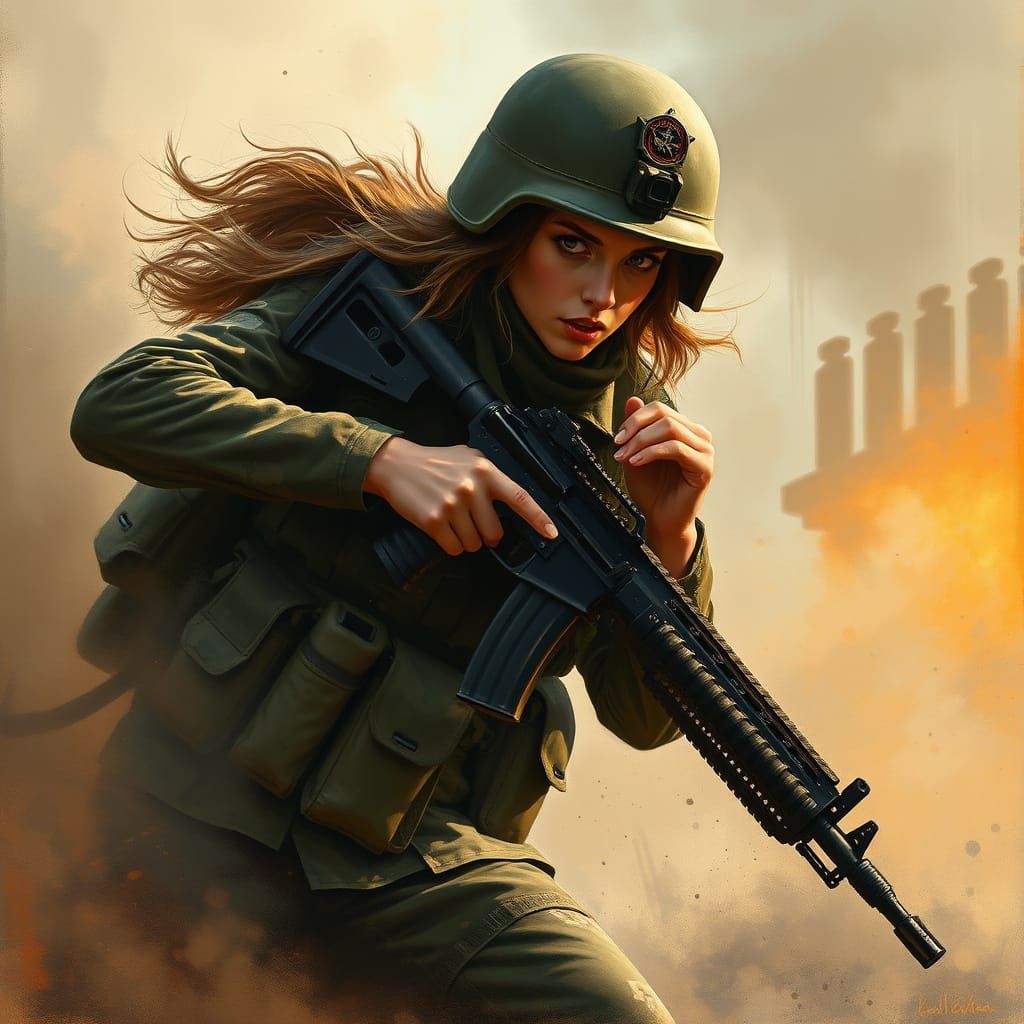 Dramatic Female Soldier in Combat Gear