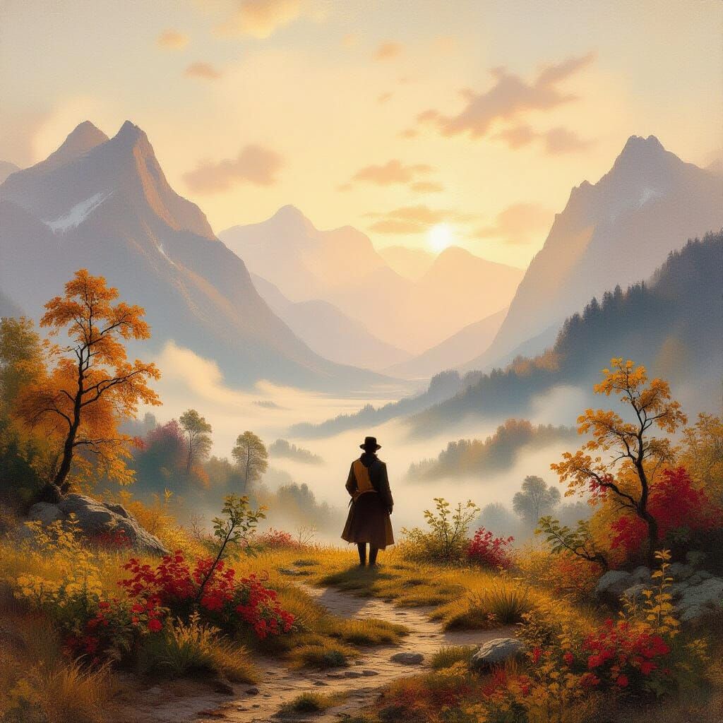 Misty Landscape with Lone Figure in Romantic Style