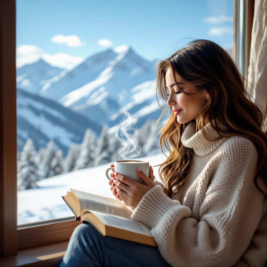 Cozy Mountain Reading Scene with Hot Chocolate