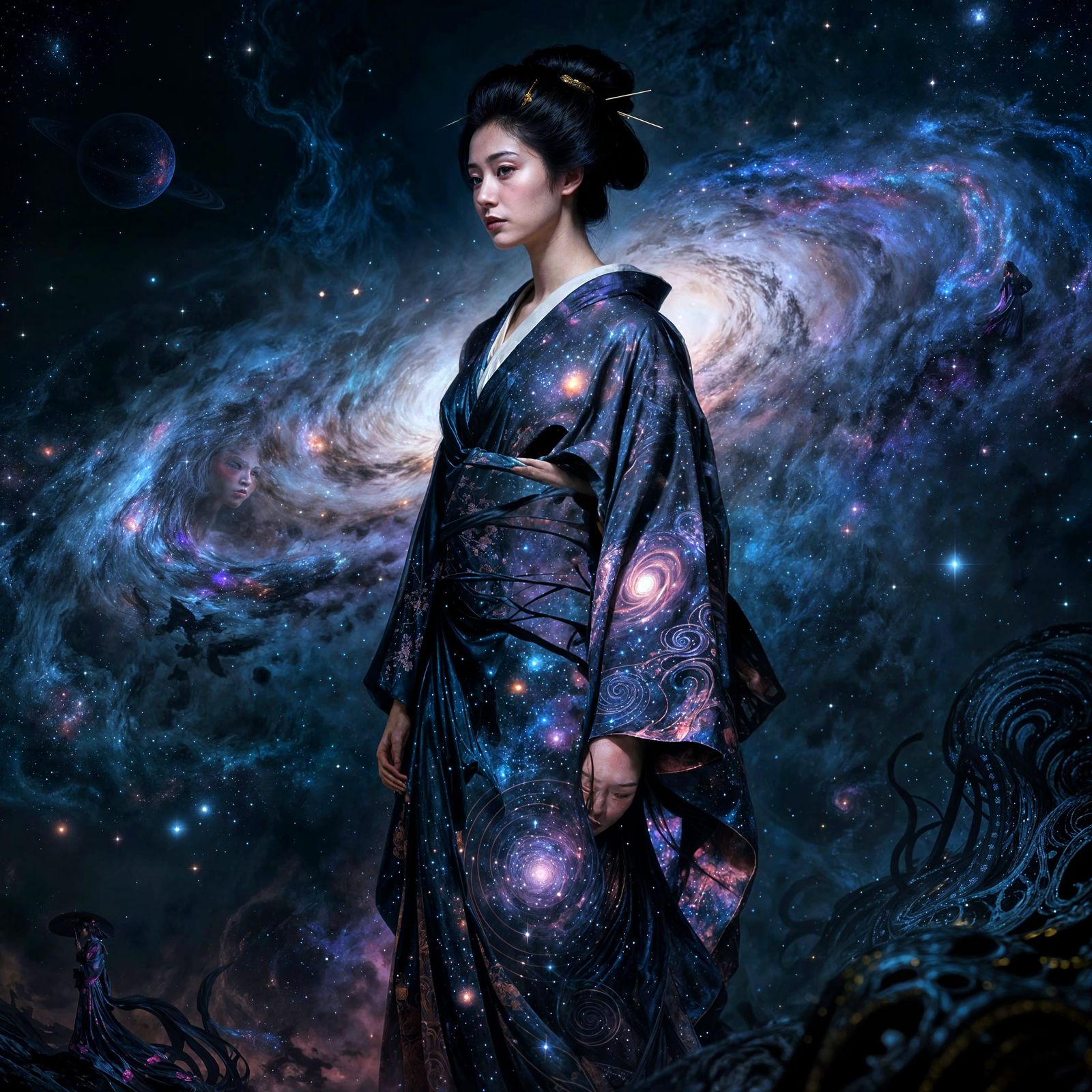 Geisha in Cosmic Nebula, Dark Fantasy Art