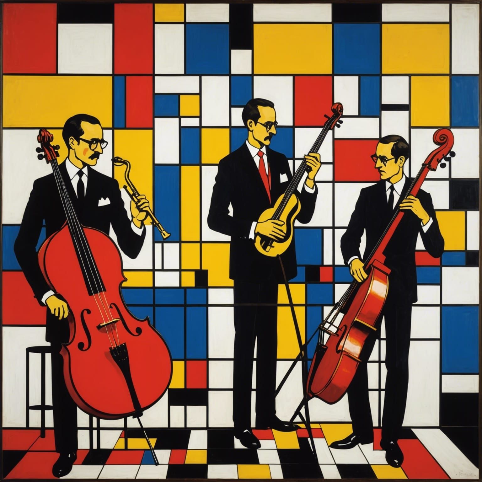 Art by Piet Mondrian, a lively jazz club, geometric abstract...