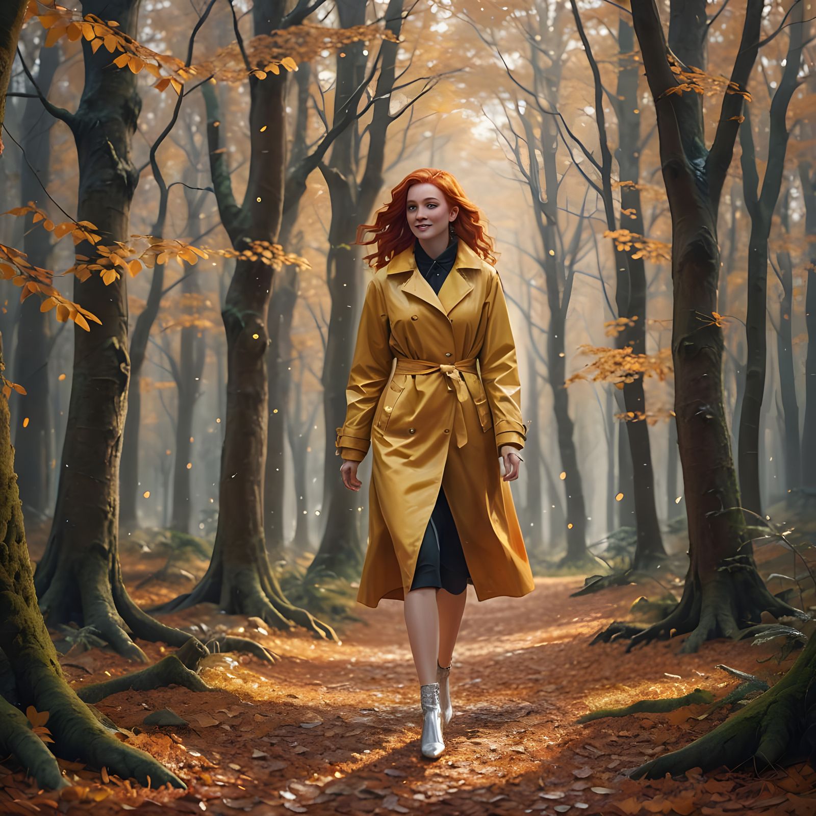 Elegant Lady in Saffron Raincoat in Spring Forest