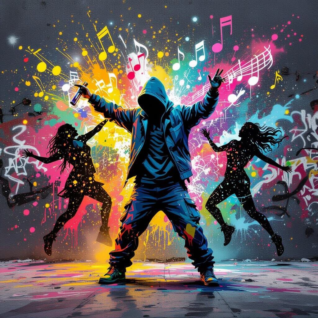 Graffiti Artist Spraying Music Notes and Dancers in Urban Fa...