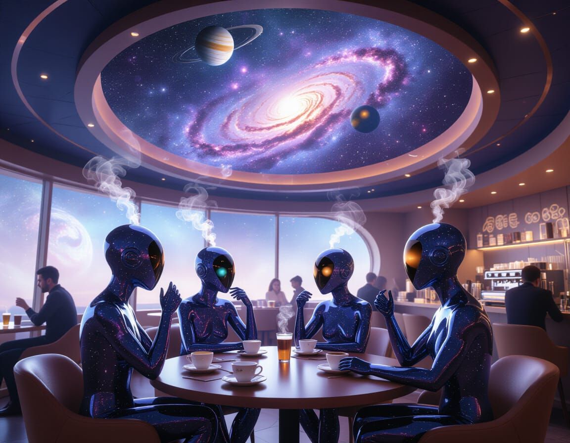 Cosmic Cafe with Galaxy Ceiling and Orrery Cups