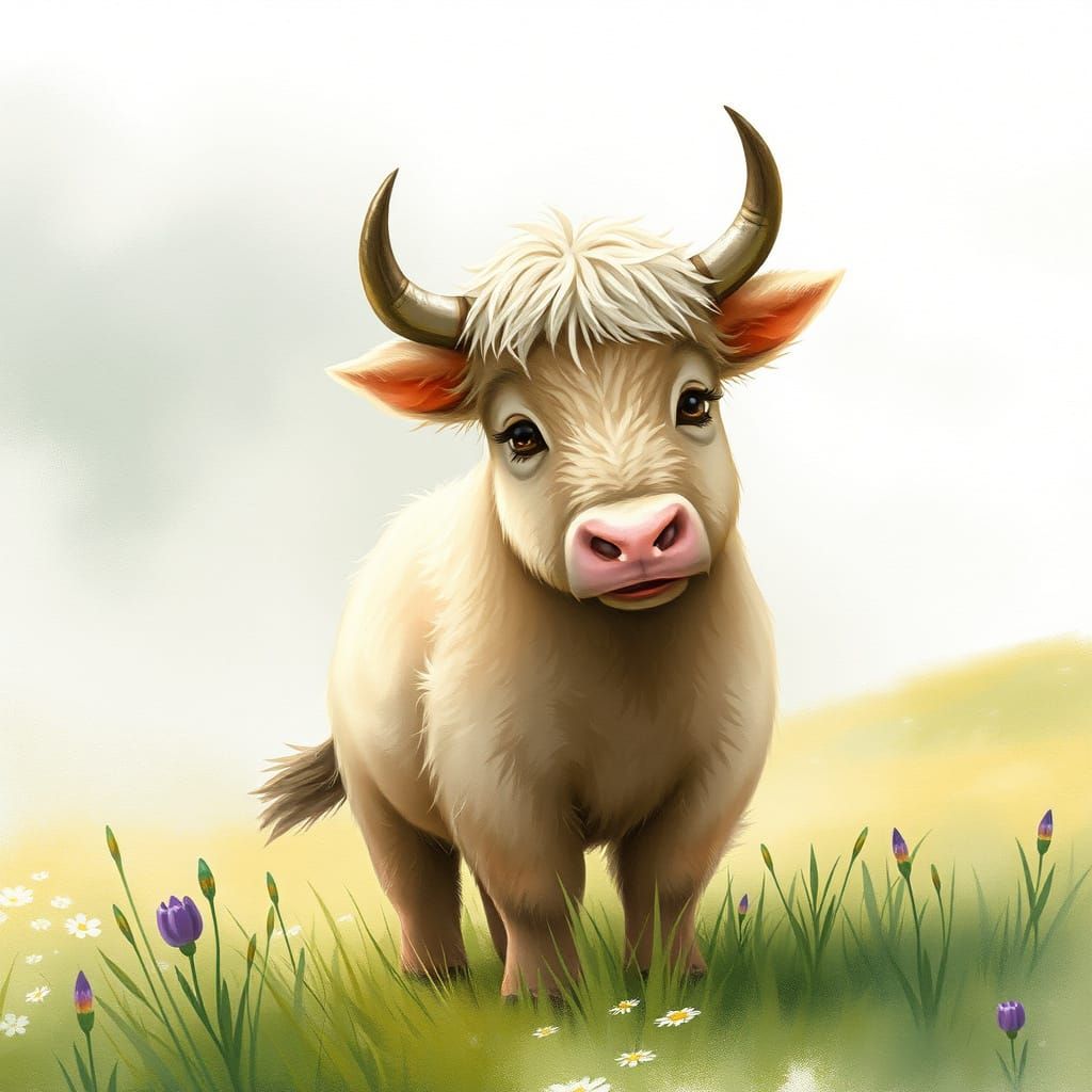 Young Yak in Misty Meadow, Watercolor Illustration