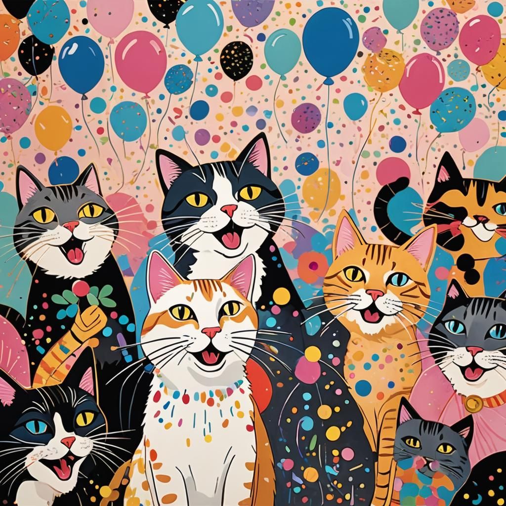Cats Singing at Birthday Party in Laurel Burch Style