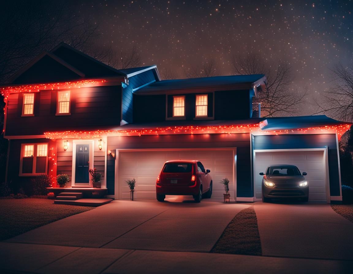 Suburban House Decorated with Christmas Lights