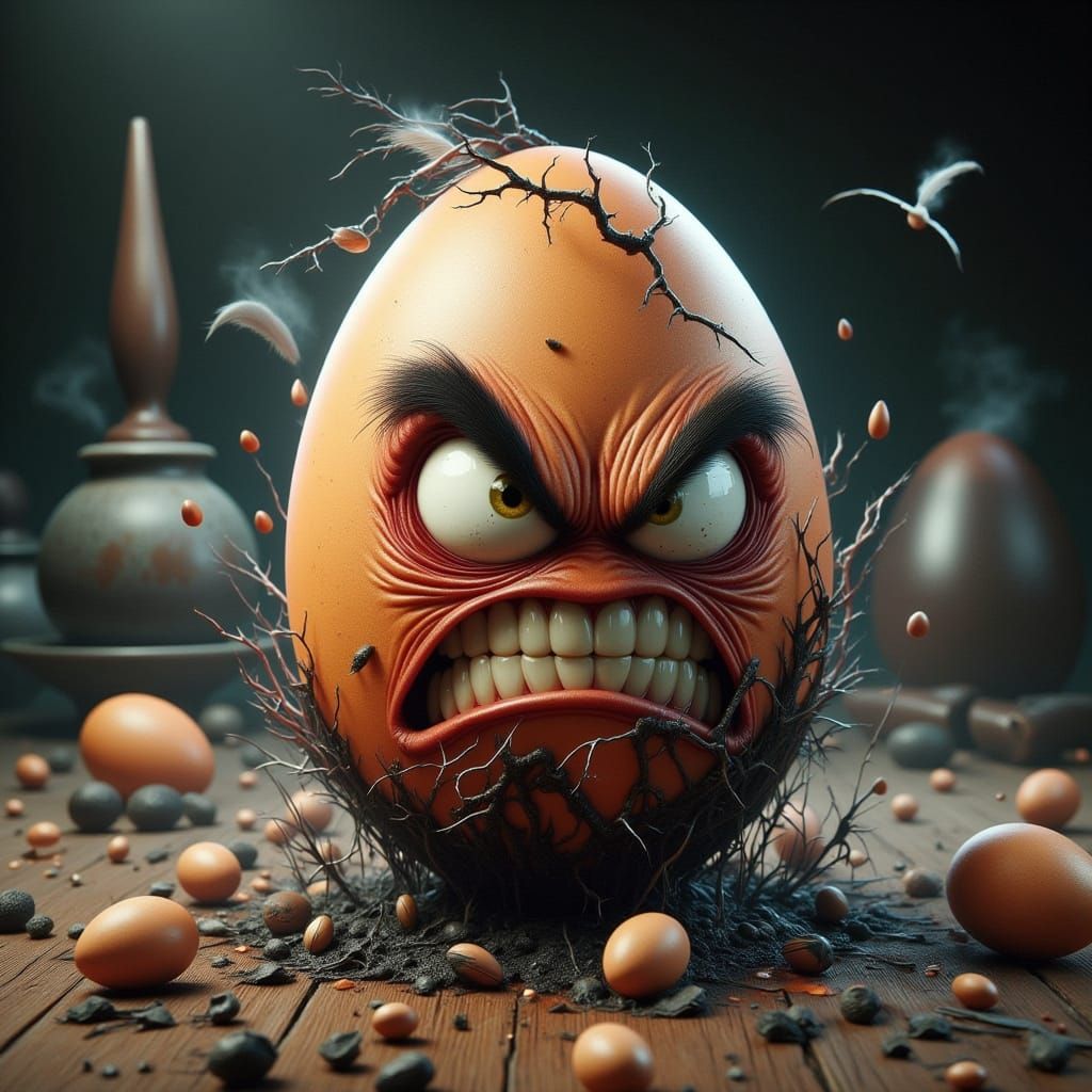 Humpty Dumpty as an anthropomorphized angry egg, covered in ...