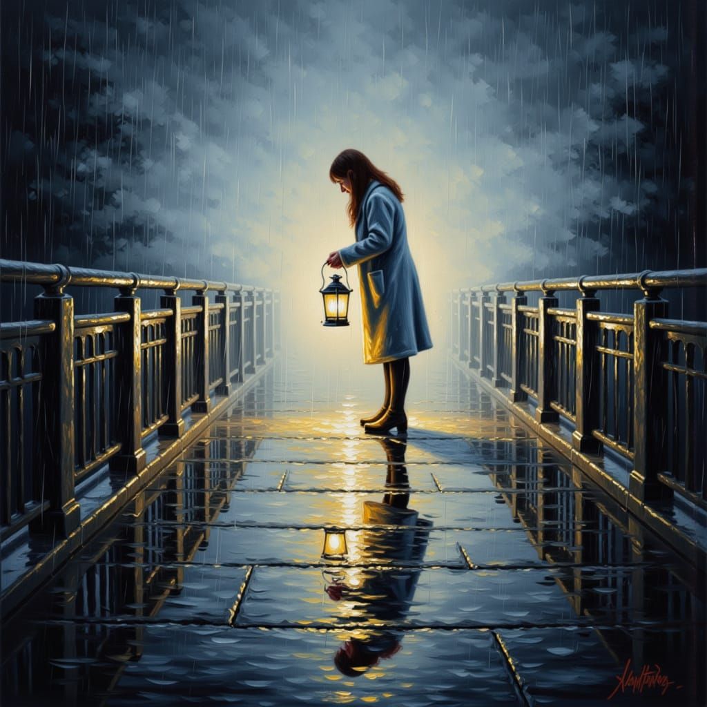Woman with Lantern on Bridge in Impasto Style