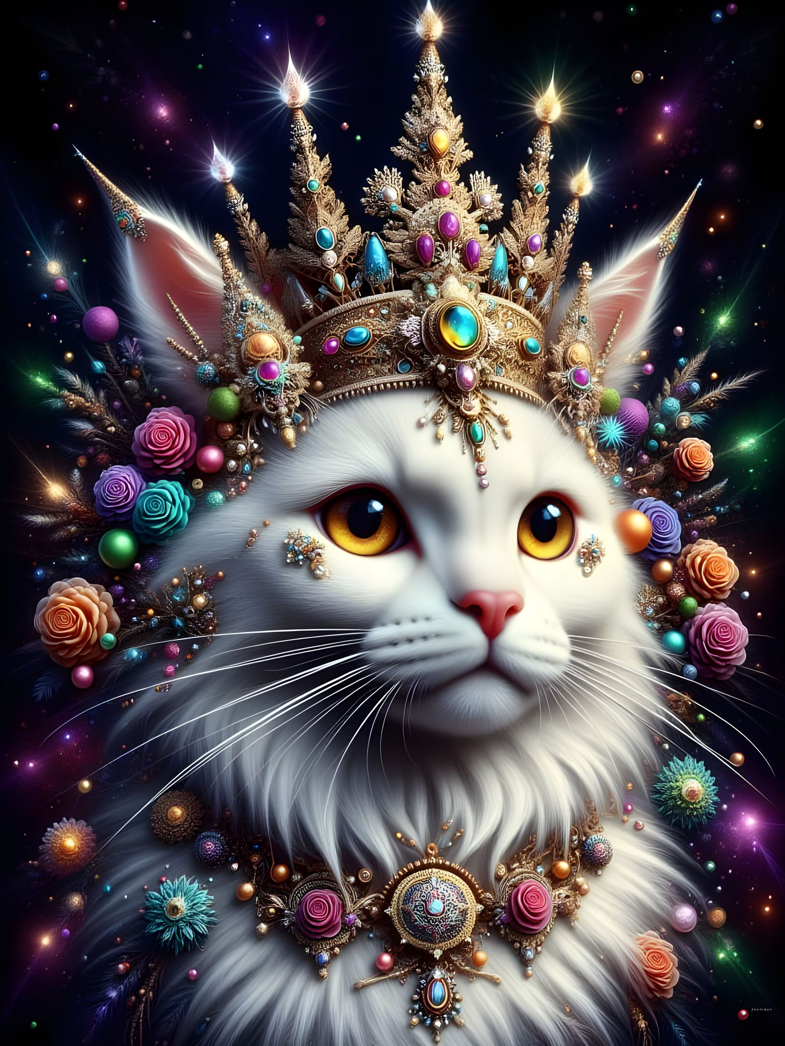 Elegant Pearly Cat with Ornate Tiara in Dark Roses