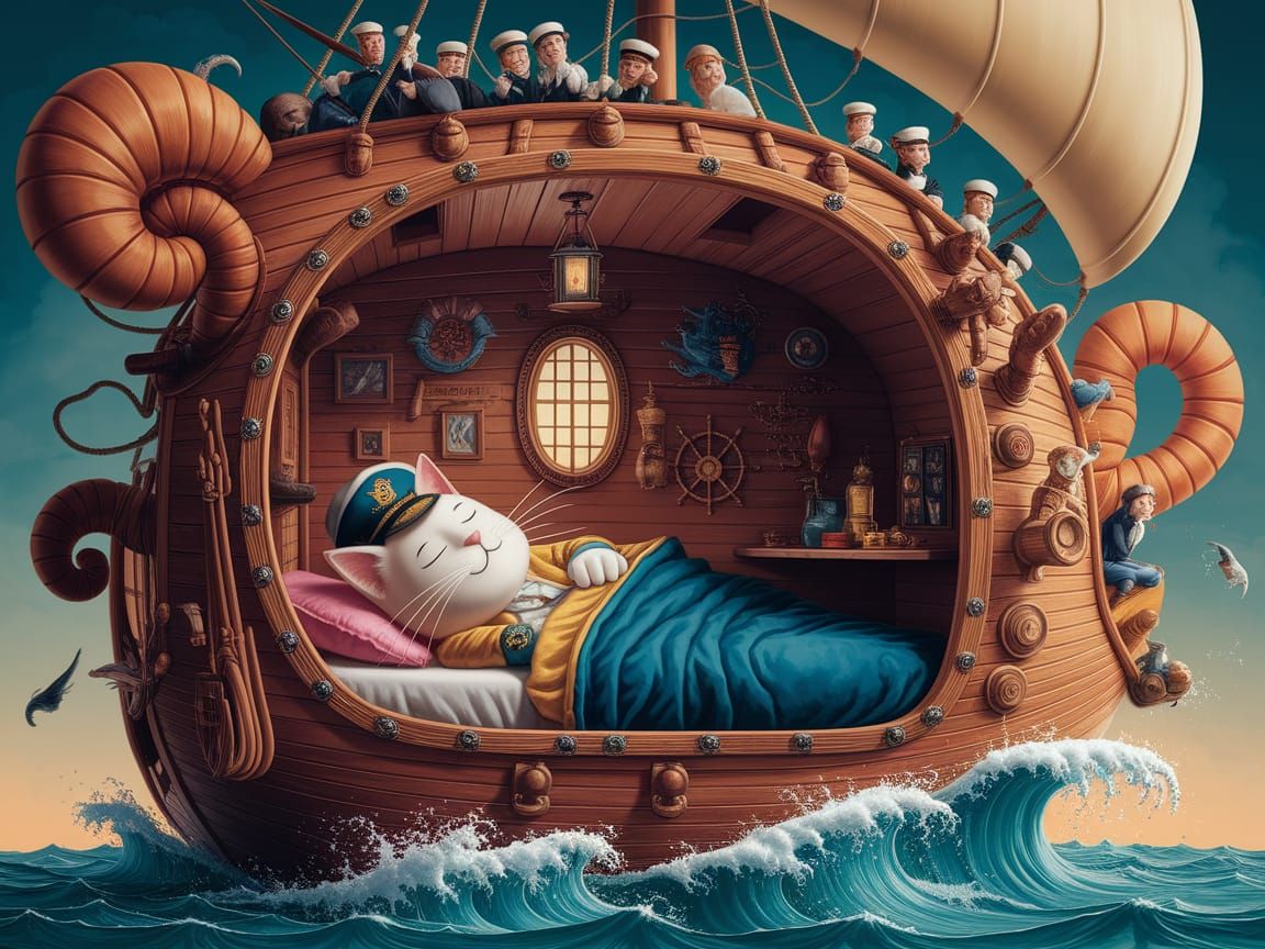 Whimsical Ship-in-a-Bottle Scene with Captain Cat and Fantas...