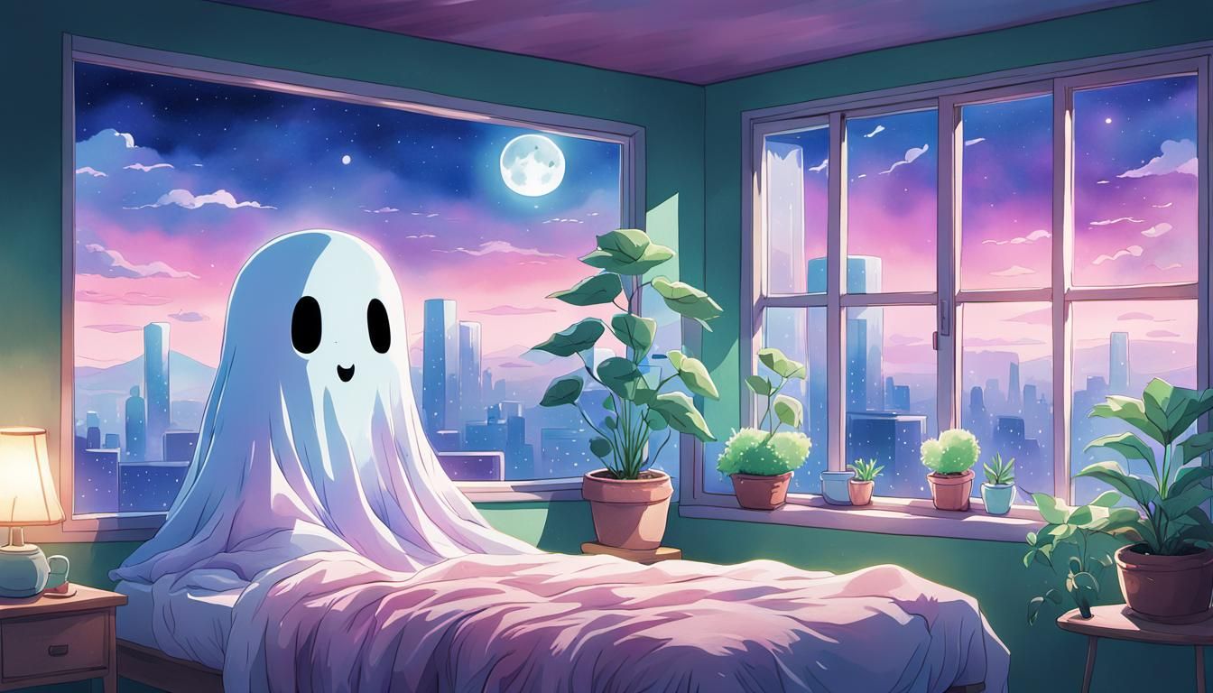 Dreamy Anime Ghost in City Bedroom Concept Art