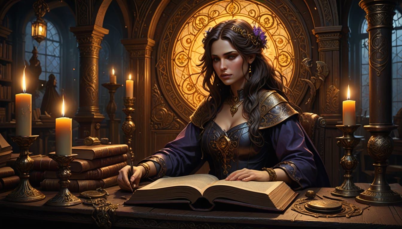 Seductive Sorceress in Ancient Classroom, Dark Fantasy Conce...