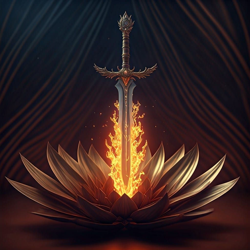 Hyper-Realistic Brass Sword with Crystallized Flames and Orn...