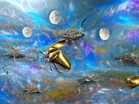 Metallic Insect Spaceship Near Distant Moon in Hyperrealism