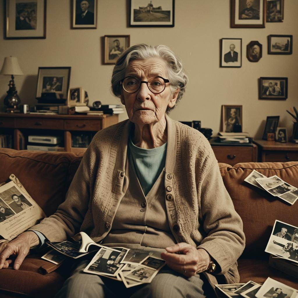Intimate Film Still: Elderly Woman with Family Photos