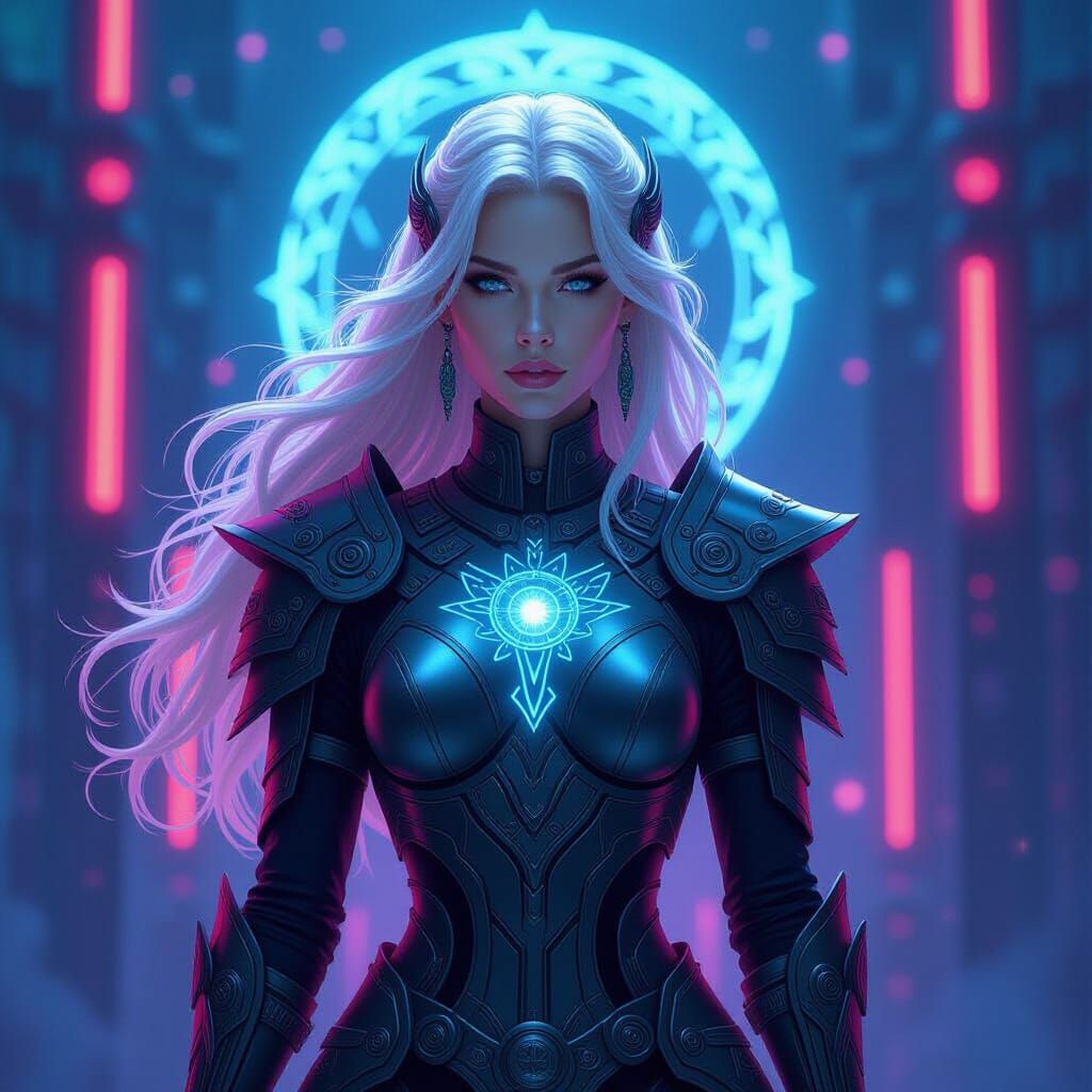 Cybernetic Valkyrie in Neon Asgard: Digital Art Nouveau