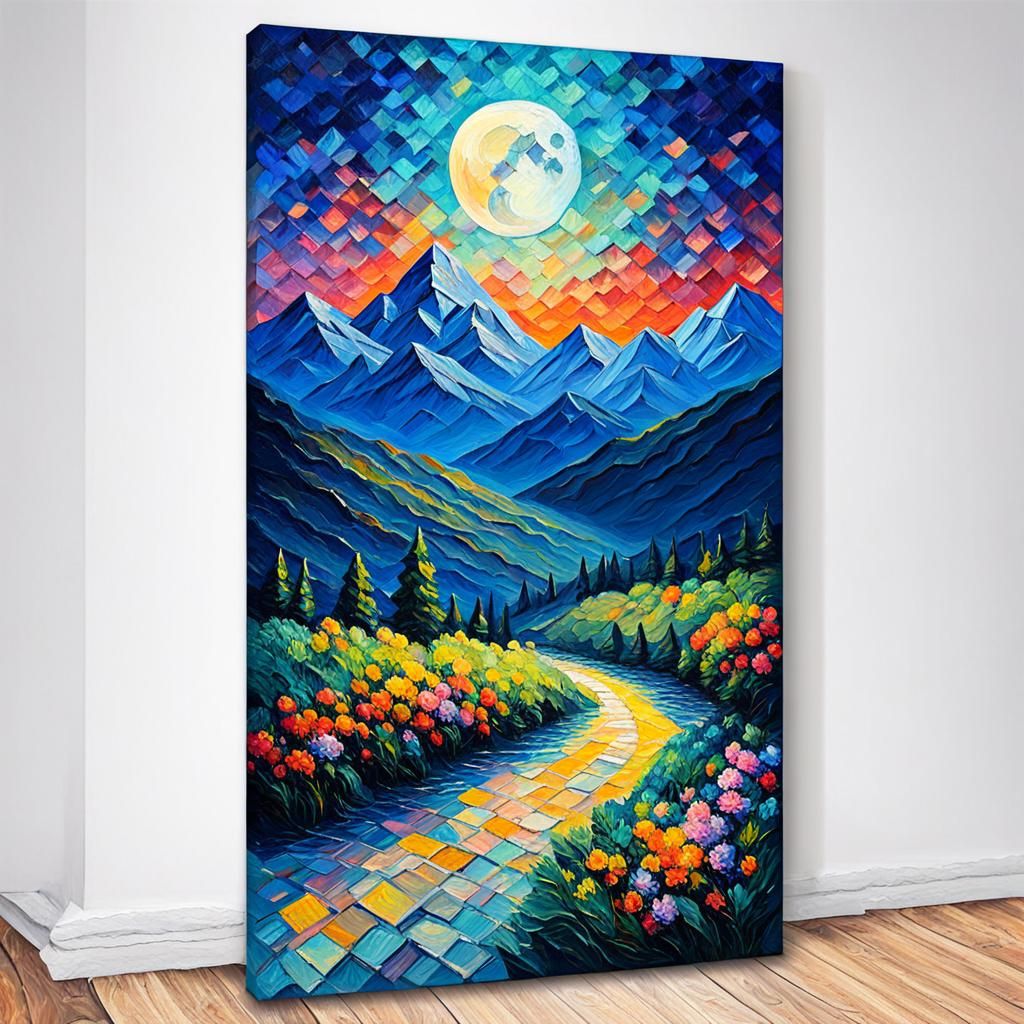 Moonlit Mountain Landscape in Expressionist Impasto Style