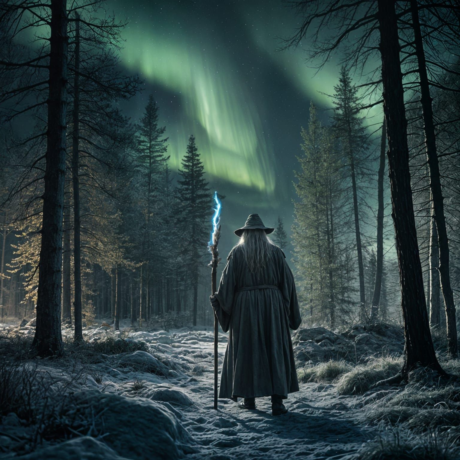 Gandalf in a Forest at Night Under Northern Lights