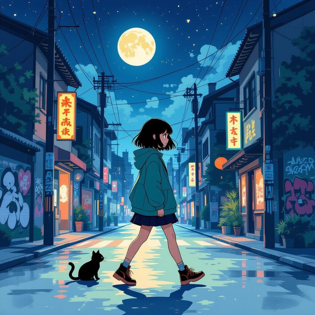 Mystical Anime Girl and Cat in Minimalist Night City
