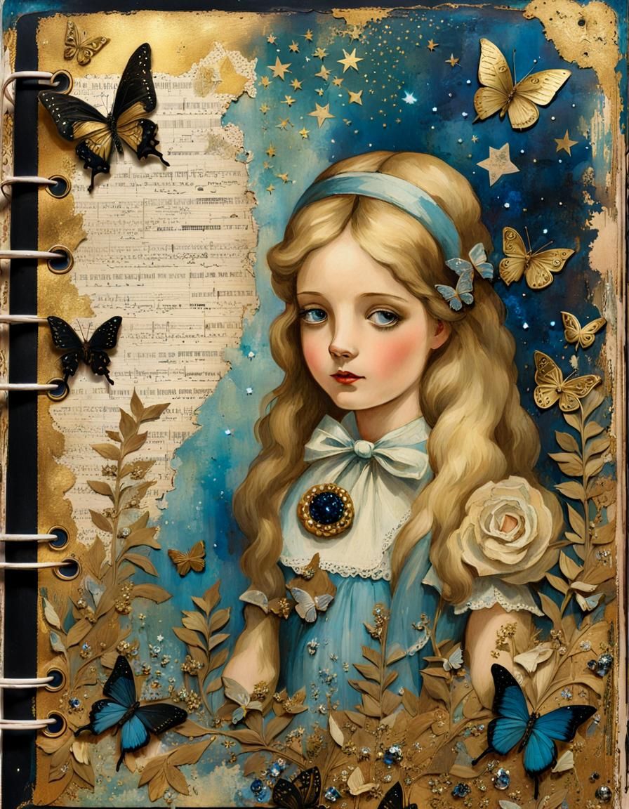 Alice in Wonderland Vintage Journal Page in Art Nouveau Styl...