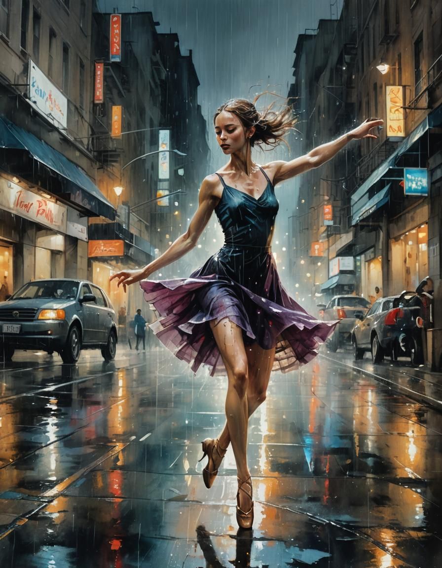 Ballet Dancer in Rainy City Street: Watercolor Painting