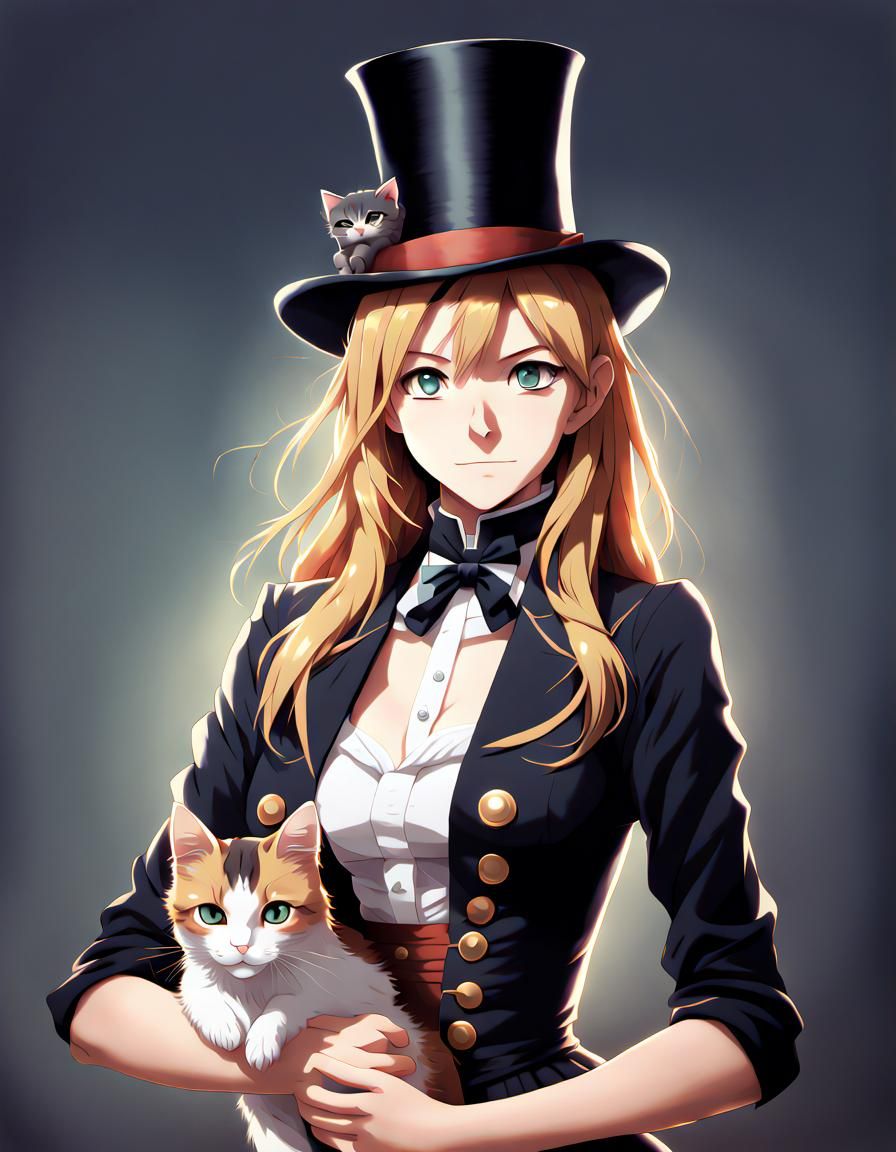 Anime Woman with Cat and Top Hat