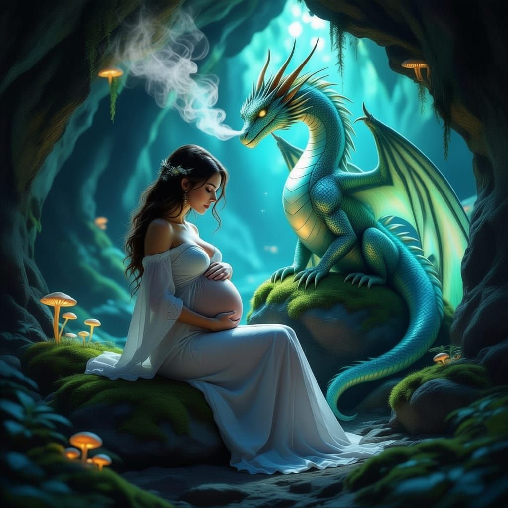 Pregnant Woman and Dragon in Cave