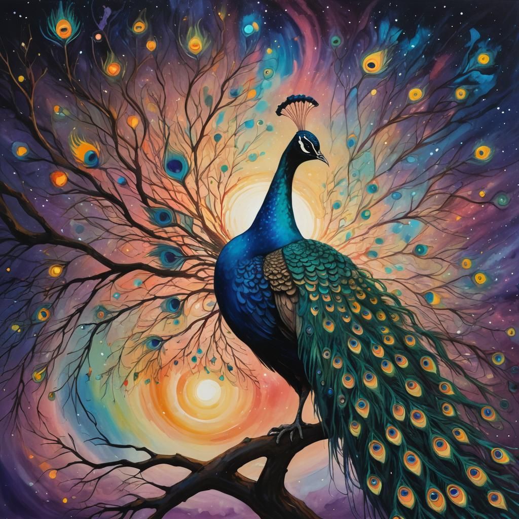 Cosmic Peacock Silhouette in Abstract Galaxy Painting