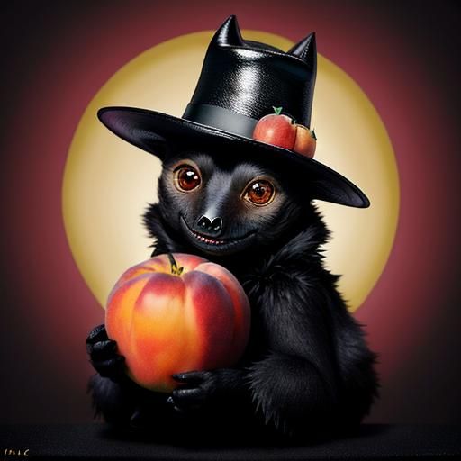Fuzzy Fruit Bat with Peaches in Surreal Style