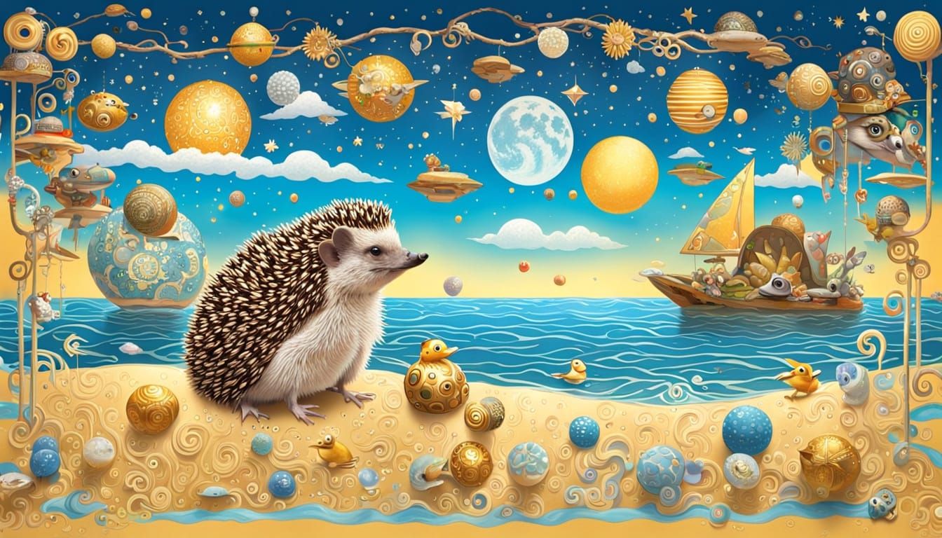 Surreal Metal Hedgehog Embarks on Art Nouveau Beach Holiday