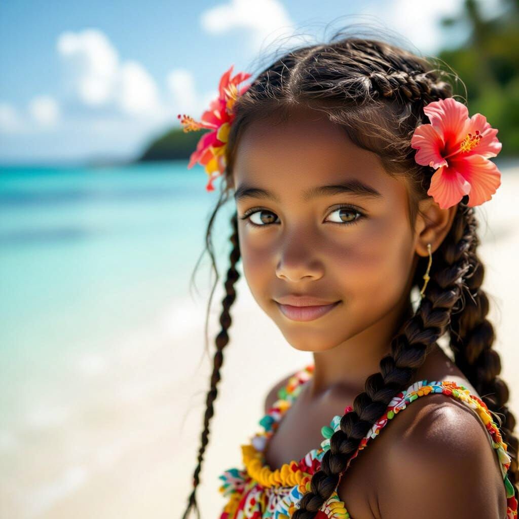 Fijian Girl on Beach, Photorealistic Style