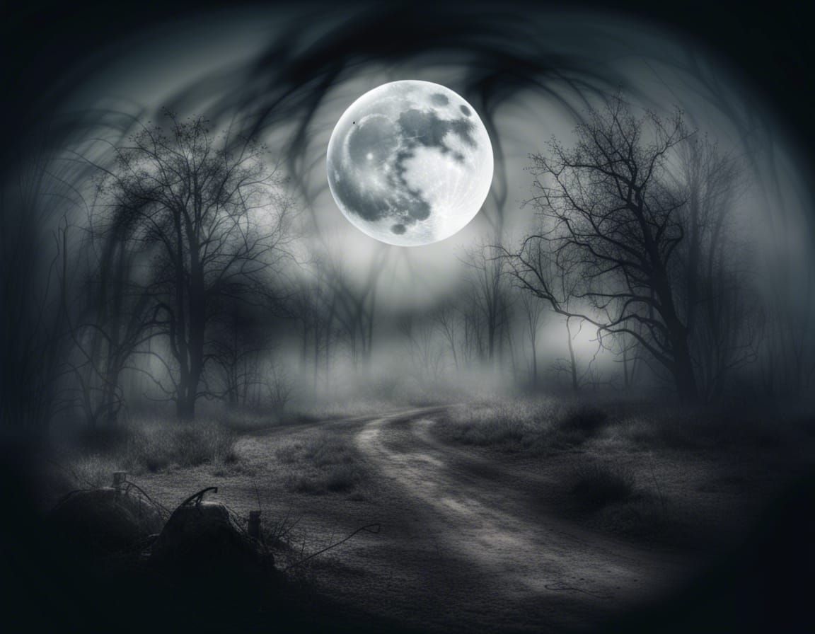 Ghostly Full Moon Landscape in Dark Mist
