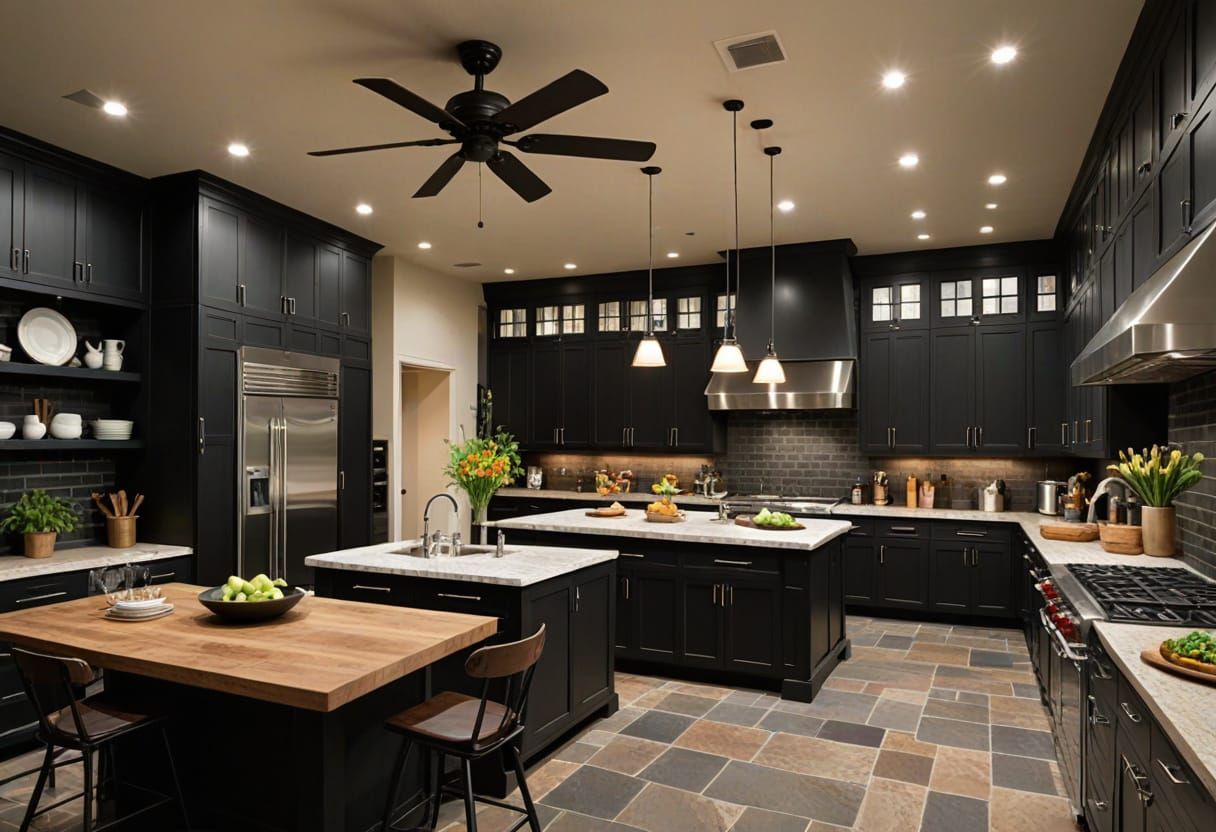 Elegant High-End Chef's Kitchen with Dark Cabinets and Skyli...