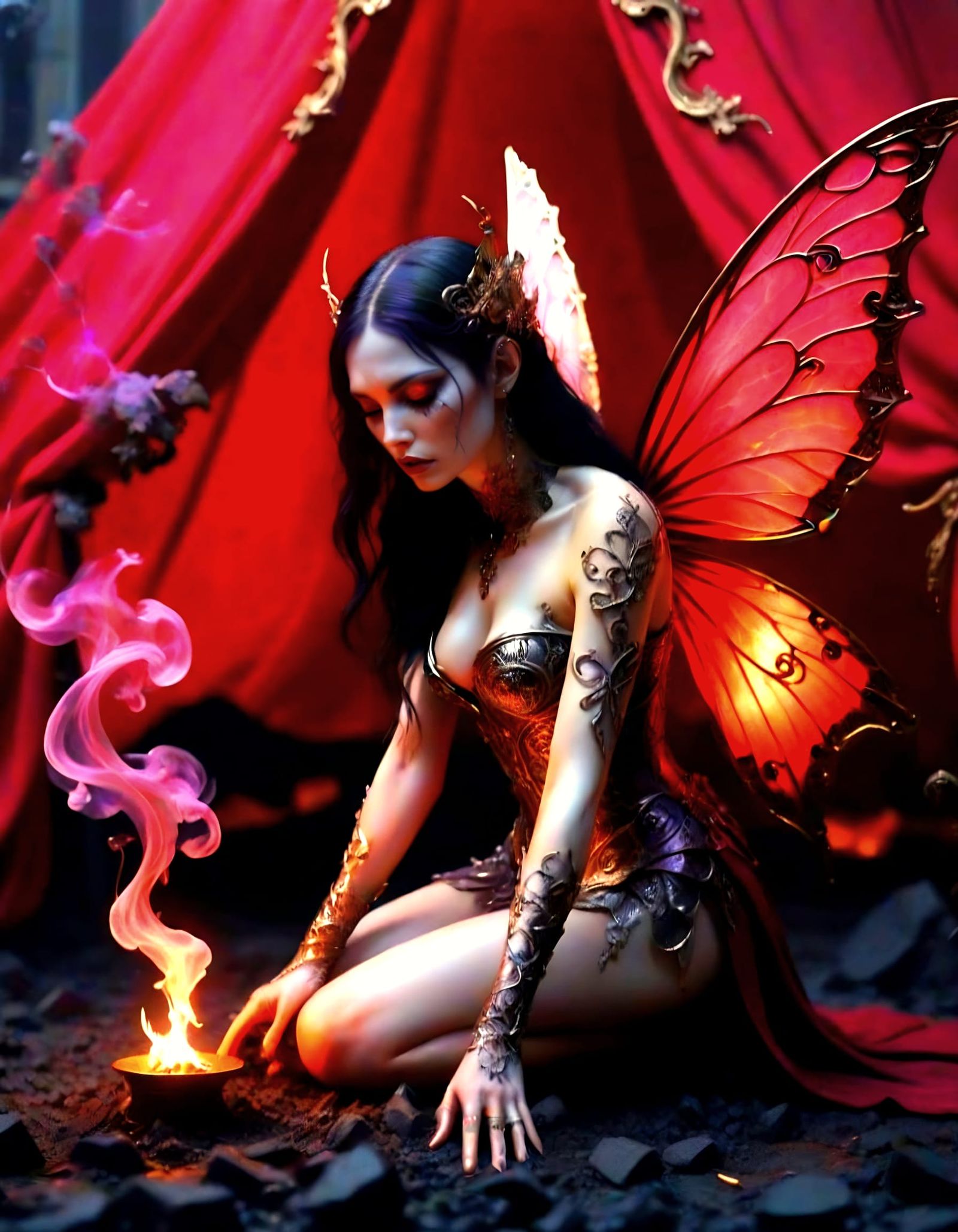 Gothic Fairy Kneeling in Ashes in Romantic Setting