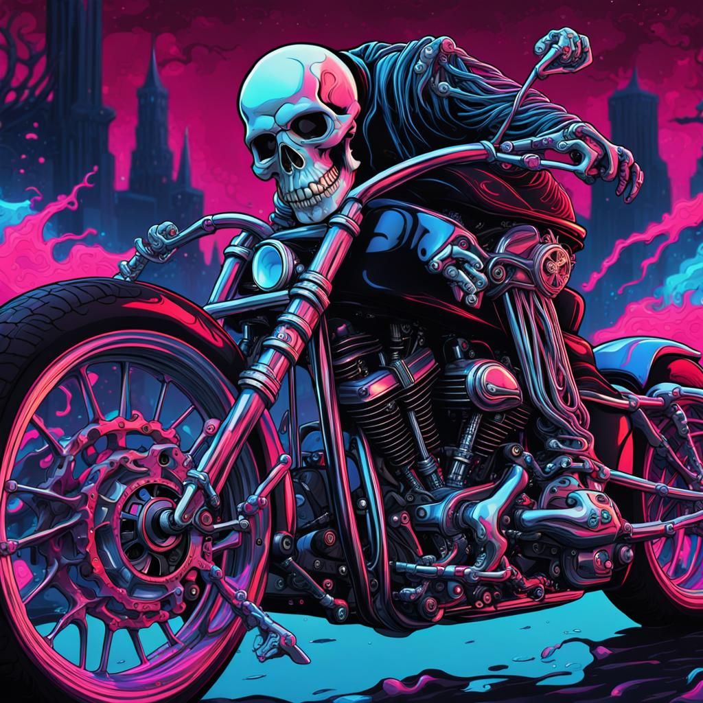 Skeletons Ride a Gothic Harley Davidson in Neon