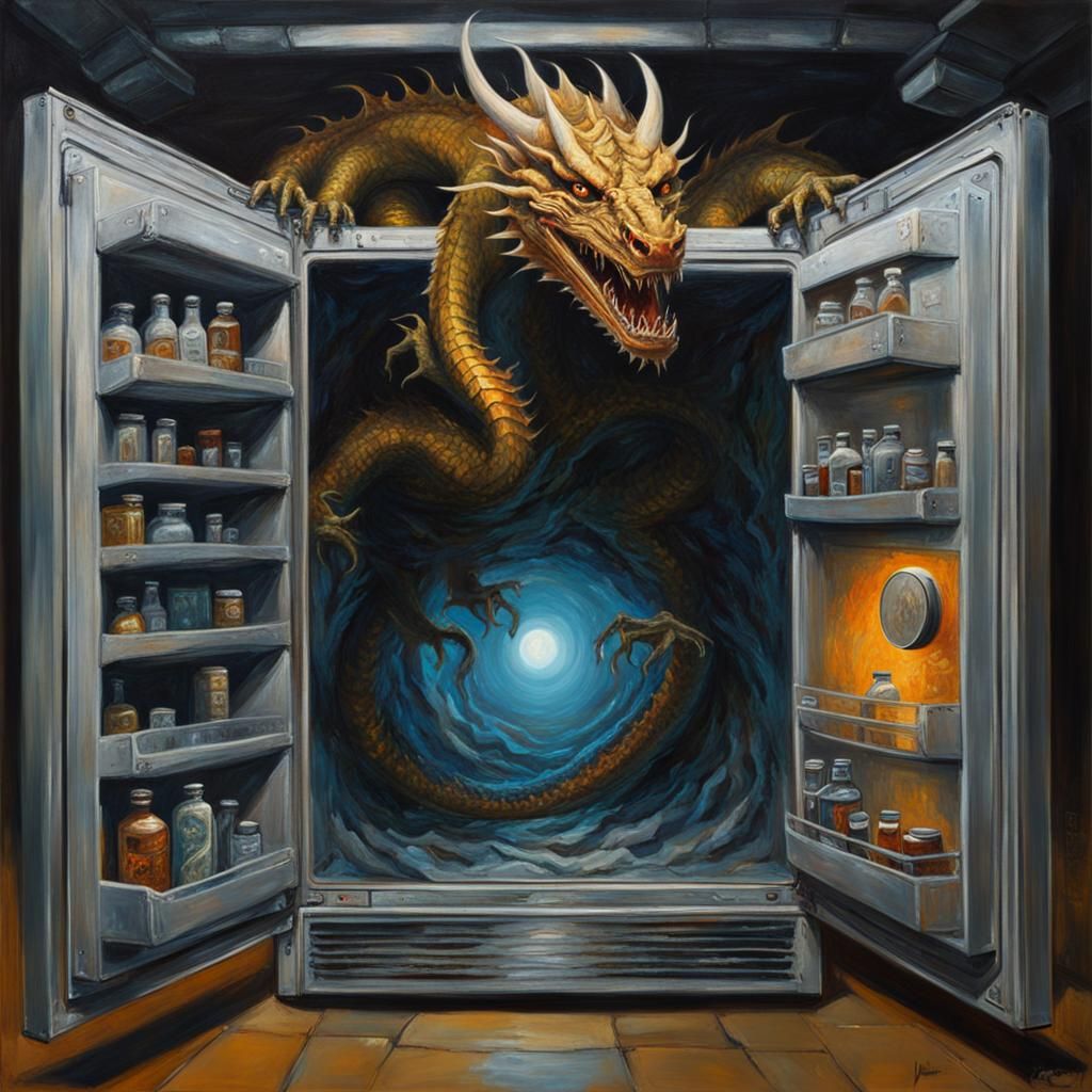 Dragon Emerges From Portal Refrigerator, Gurney Style