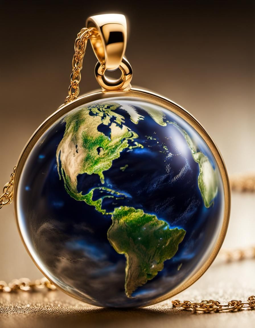 Earth Pendant on Gold Chain: Macro Product Shot