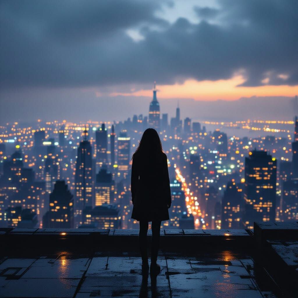 Woman on Rooftop Overlooking Rainy City at Dusk