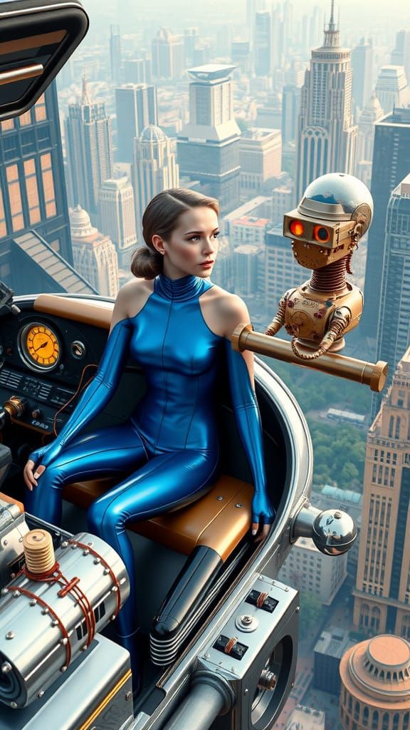 Solar Punk Couple Soars Through Retro-Futuristic Metropolis....