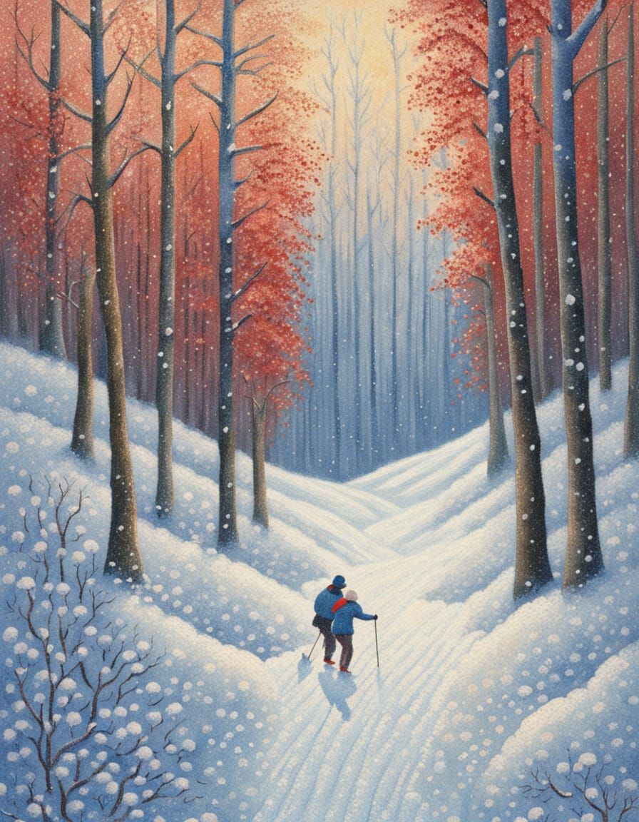 Pointillist Winter Wonderland with Dog and Skiers