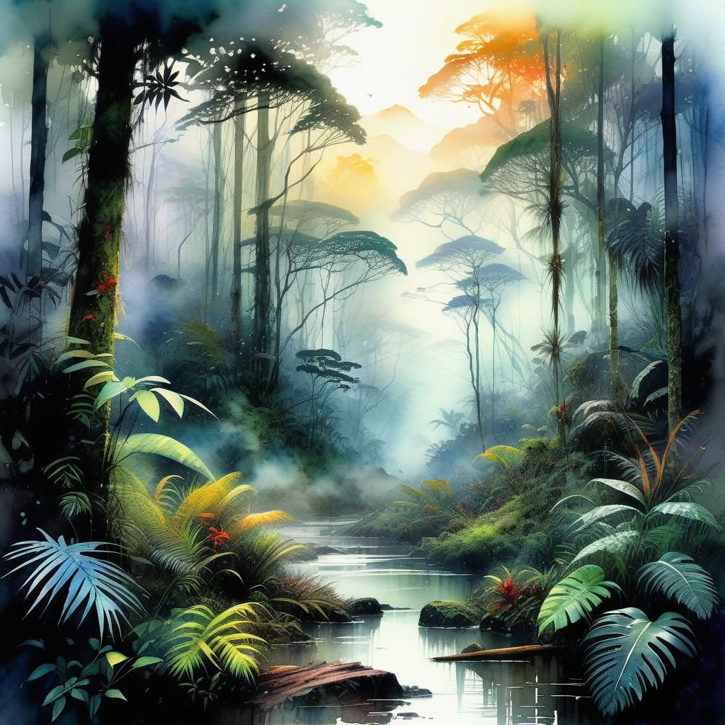 Mystical Rainforest in Digital Watercolor Style