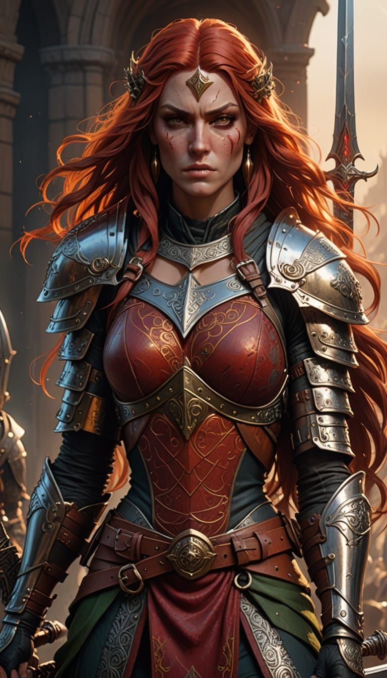Hyper-Realistic Red Sonja Portrait in Warm Golden Light