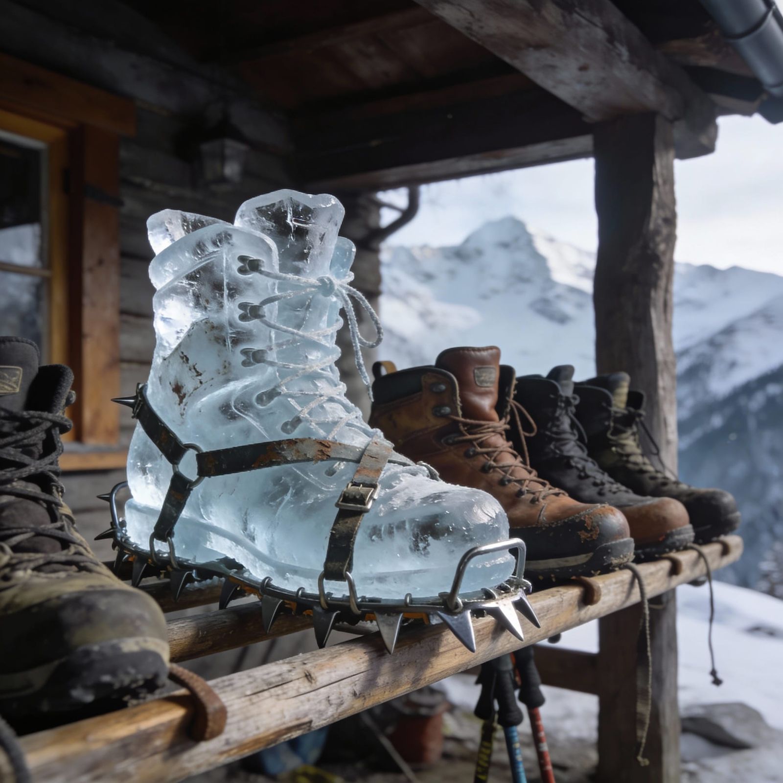 Hyperrealistic Ice Sculpture of Climbing Boot