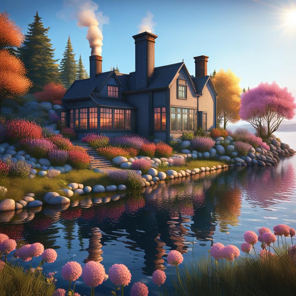 Lake House at Noon: Detailed Matte Painting