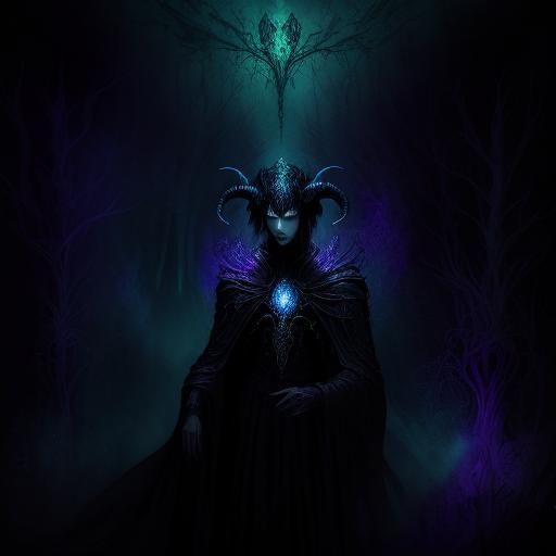 Ethereal Horned Figure in Dark Fantasy Forest